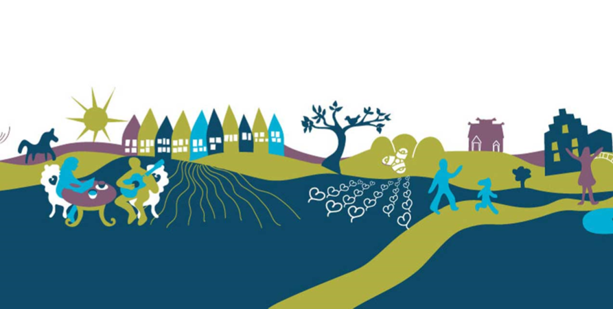 Tecknad bild på samhälle med människor som gör olika saker utomhus.